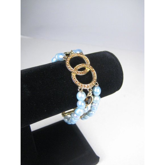 Faux Pearl Multi Strand Beaded Bracelet Goldtone Faceted Rhinestones Jewelry 7 i - Picture 9 of 9